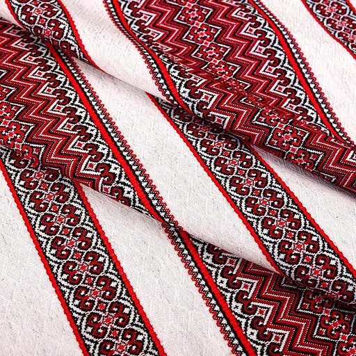 Лляная ткань с украинским орнаментом "Рандеву красный" (от 1 м) - фото 1