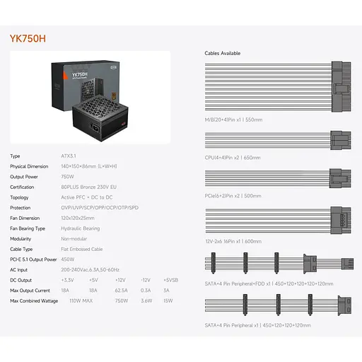 Блок живлення PcCooler YK750H 750W ATX 3.1 80+Bronze (P3-YK750H-B1HWBK1-EU) - фото 8