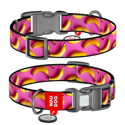 Нашийник для собак нейлоновий Waudog Nylon з QR-паспортом "Банани на рожевому" пластиковий фастекс М Ш 20 мм Дов