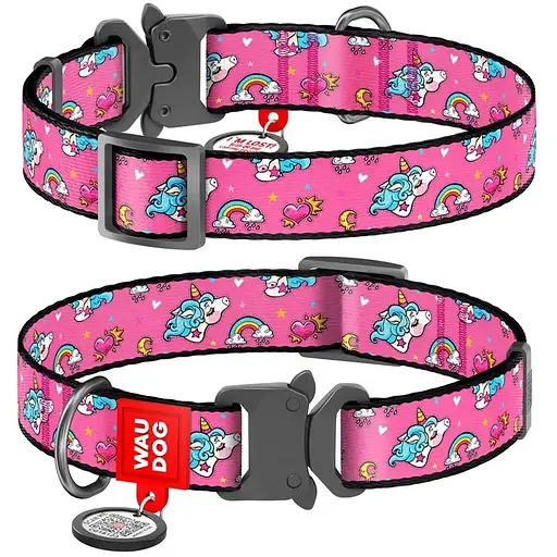 Нашийник для собак нейлоновий Waudog Nylon з QR паспортом малюнок Єдиноріг металічна пряжка-фастекс, Ш 25 мм, Д 33-49 см - фото 1