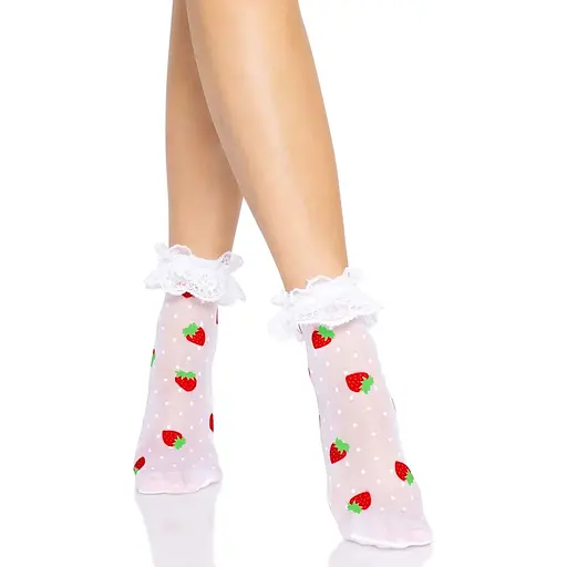 Носки женские с клубничным принтом Leg Avenue Strawberry ruffle top anklets One Size, кружевные м