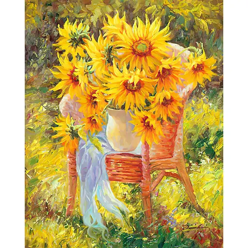 Алмазна мозаїка Strateg ПРЕМІУМ Натюрморт соняшника на стільці без підрамника розміром 30х40 см (JSDF81916) - фото 1