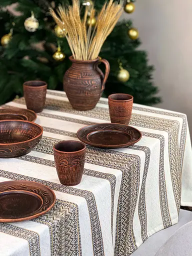 Лляна скатертина різдвяна з українським орнаментом "Рандеву коричневий" - 290х150 см - фото 8