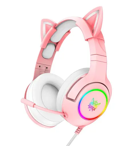 Игровые наушники с кошачьими ушками Onikuma K9 3.5. c микрофоном |Проводные наушники для стриминга. Розовые