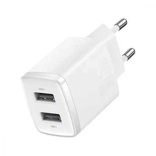 Адаптер зарядный - блок на 2 выхода Baseus Compact 10,5 W (2 USB) белый - фото 3