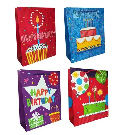 Подарунковий пакет картонний, 200 г/м², День Народження, 31x42x12 см, 4 шт. в упаковці (В асортименті)