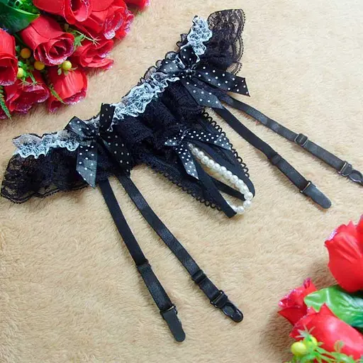 Стрінги з декоративними намистинами та підтримуючим поясом для панчіх S/M Чорний K000893 - фото 3