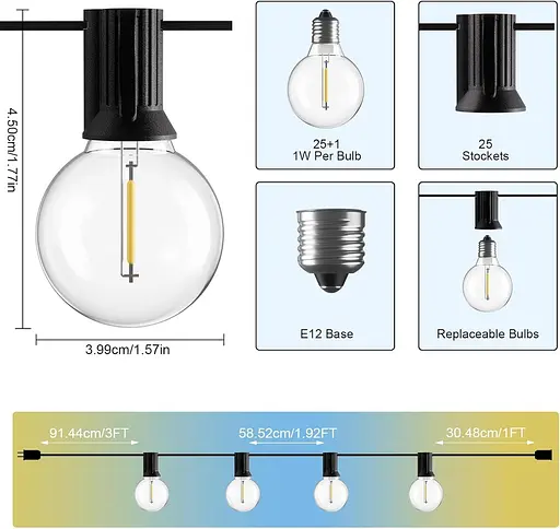 Уличные гирлянды Bomcosy, 50-футовые светодиодные гирлянды для улицы с небьющимся затемнением 25+1 лампочками, водонепроницаемые - фото 4