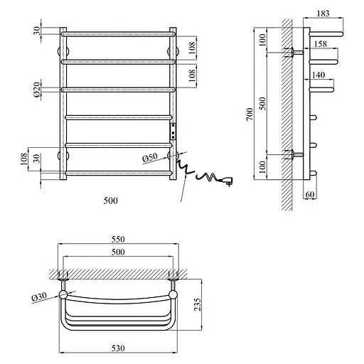 Полотенцесушитель электрический Kroner KRP Prima ER700x500-6 (CV036335) - фото 6