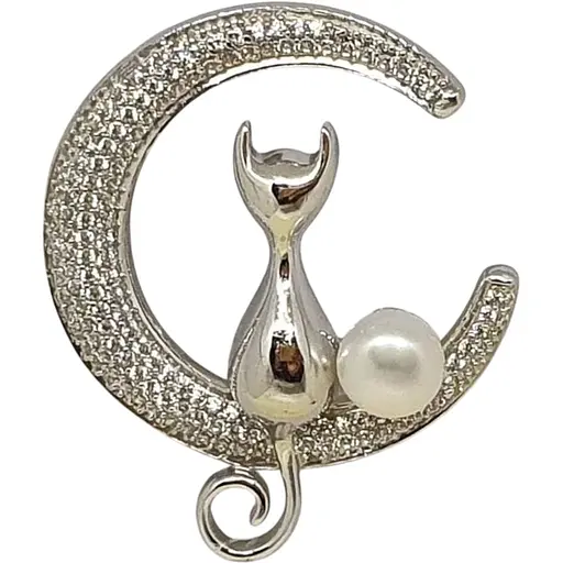 Срібна брошка Dear Кішка з перлиною. 9011.1С