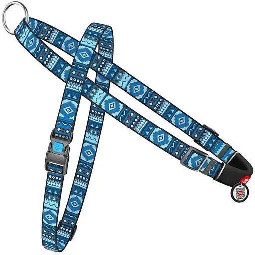 Шлея для собак Waudog Nylon швидкознімна з QR паспортом, малюнок "Етно синій", пластиковий фастекс