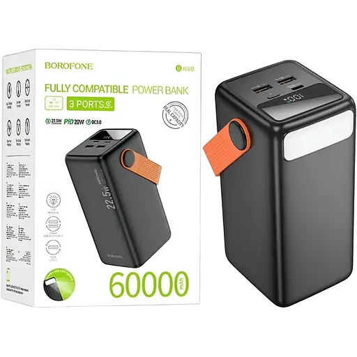 Power Bank Borofone BJ66B 60000 mAh, Type-C/2xUSB-A, 22.5W + PD20W с LED-дисплеем и фонариком, черный - фото 4