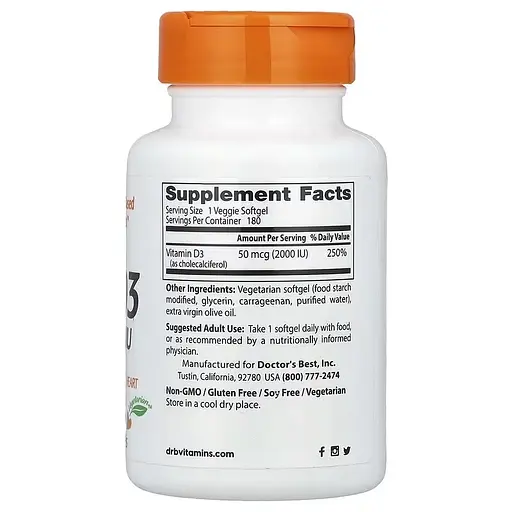 Вітамін D Doctor's Best Vitamin D3 2000 IU, 180 вегакапсул підтримання здоров'я кісток та зубів - фото 2