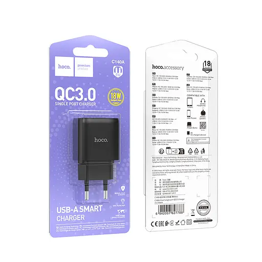 Мережевий зарядний пристрій Hoco C140A Smart single port QC3.0 charger(EU) Чорний - фото 2