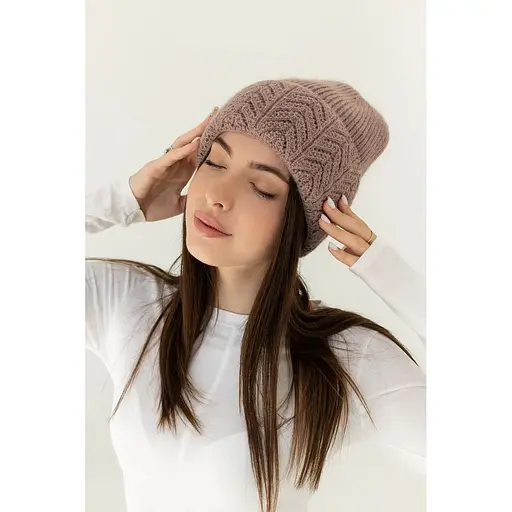 Женская вязаная шапка Ангора Ажур с флисовой подкладкой 60% ангора Пудровый - фото 1