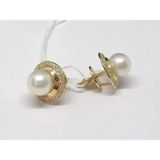 Золотые серьги-пуссеты Гаразд с жемчугом и фианитами. 3533567 - фото 3