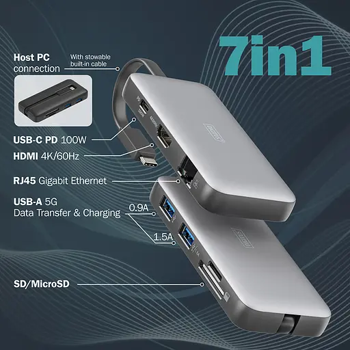 Digitus Док-станция USB-C > HDMI/2xUSB-A/USB-C/SD/MicroSD/RJ54, Travel - фото 7