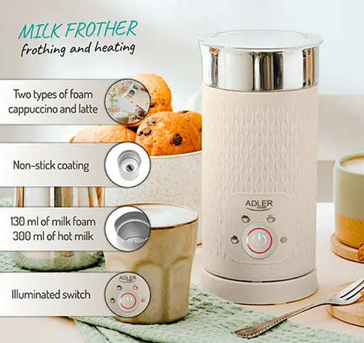 Спінювач молока - спінювання та підігрів Adler AD 4495 латте та капучіно - фото 2