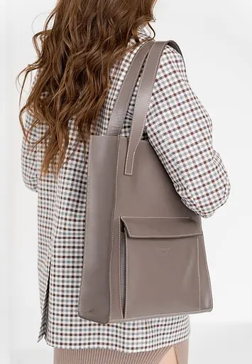 Шкіряна жіноча сумка шоппер Бетсі з кишенею темно-бежева Краст - фото 5