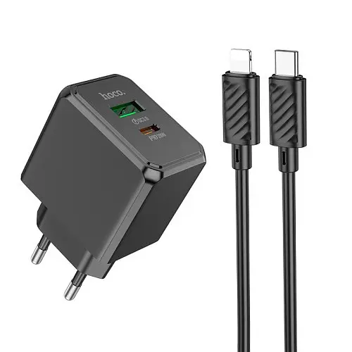Сетевое зарядное устройство Hoco CS14A Ocean PD20W+QC3.0 charger set(C to iP) черный - фото 3