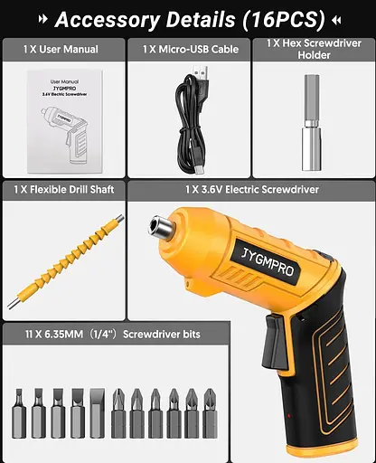 Електрична викрутка JYGMPRO, бездротова викрутка 3,6 В з акумулятором 1500 мАг, максимальний момент, що крутить 3,5 Нм, 250 об/хв - фото 6