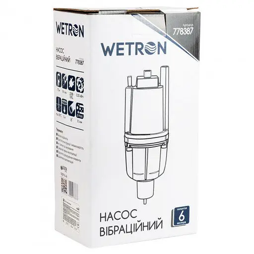 Насос вібраційний Wetron 0,25кВт H75м Q18л/хв Ø100мм 10м кабелю нижній забір 30412 - фото 5