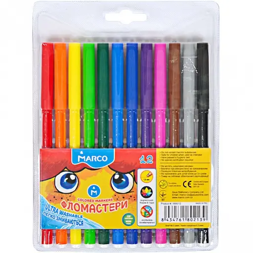 Фломастери 12 кольорів Super Washable, 1690-12 Marco (8434761802139) - фото 1