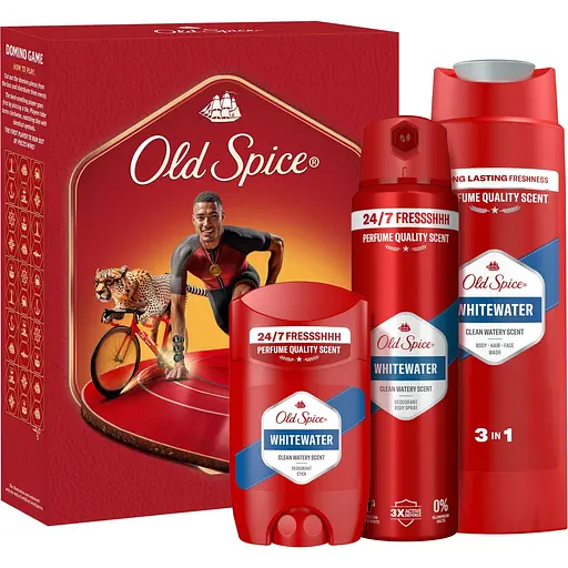 Уцінка. Подарунковий набір Old Spice Ironman Whitewater: аерозольний дезодорант 150 мл + дезодорант-стік 50 мл + гель для душу 3-в-1, 250 мл + гра Доміно