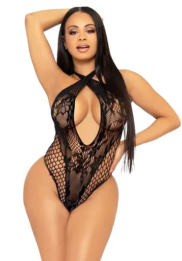 Кружевное тедди Leg Avenue Lace and net halter teddy One size Black глубокий вырез халтер - фото 3