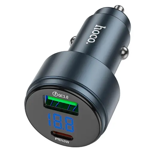 Адаптер автомобильный Hoco Glorious dual-port цифровой дисплей Car charger Z57B |1USB/1Type-C, 63W/3A, PD/QC| - фото 1