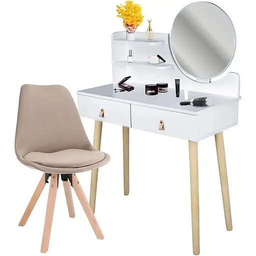 Туалетний столик Jumi Scandi з дзеркалом (шкіряні ручки) білий + стілець Saida бежевий - фото 2