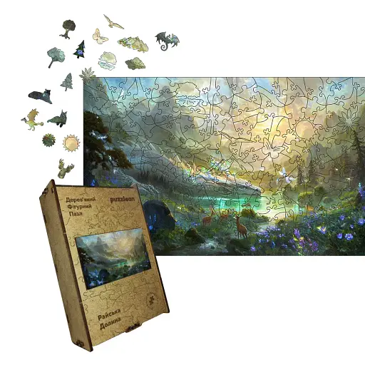 Дерев'яний фігурний пазл Райська Долина, А4, Дерев'яна коробка 100 елементів