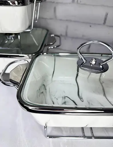 Набор из 3-х мармитов керамических прямоугольных Kitchen с крышками из стекла Бело Серебристый - фото 8