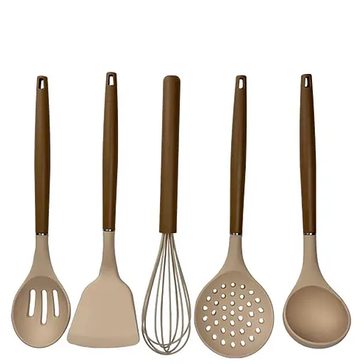 Набір кухонного приладдя силіконовий з 11 предметів із підставкою (вінчик, ополоник, лопатка, ножі, обробна дошка) Magio MG-1097I Бежевий 88103 - фото 2