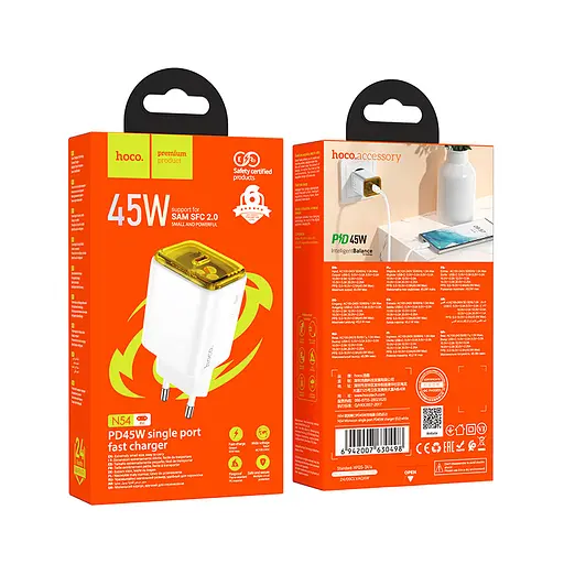 Мережевий зарядний пристрій Hoco N54 Monsoon single port PD45W charger (EU) Білий - фото 2