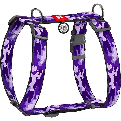 Шлея для собак Waudog Nylon анатомічна H-подібна з QR-паспортом, малюнок "Фіолетовий камо" , пластиковий фастекс, XL
