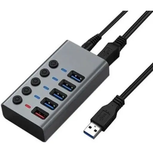 Хаб Usb Dynamode DM-UH-P405-G, Grey, Usb 3.0 - 5xUsb 3.0, кабель 1 м, блок питания - фото 1