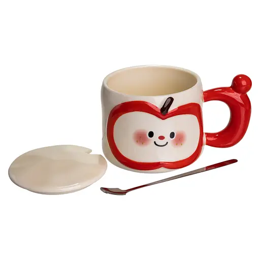 Чашка порцелянова Cute Apple 400 мл з кришкою та ложкою червоний FM-25B - фото 3