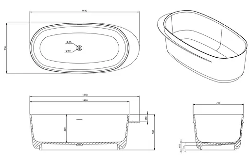 Ванна из литого камня Volle 163x75 12-40-054 - фото 2