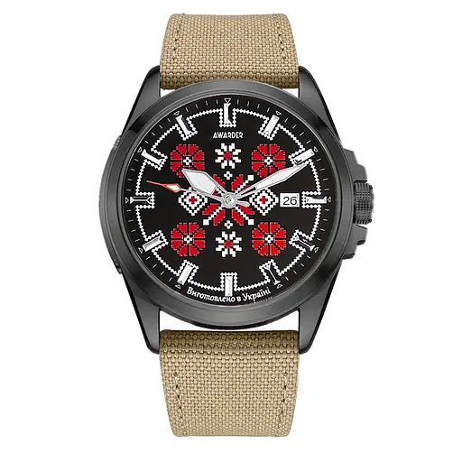 Наручний годинник чоловічий Embroidery Black-Red Khaki Automatic 10ATM Awarder acs0031920 - фото 1