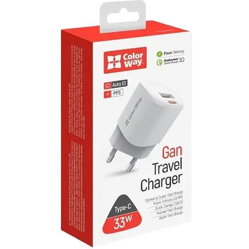 Зарядний пристрій ColorWay GaN PD Port USB PPS (Type-C PD + USB QC3.0) (33W) White