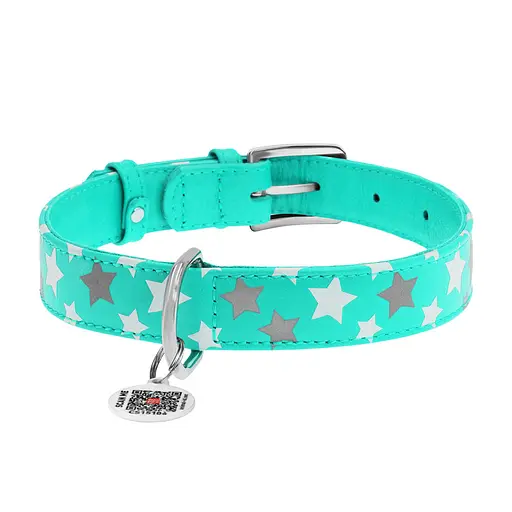 Ошейник для собак кожаный Waudog Glamour с QR-паспортом узор "Звездочка" светонакопительный/светоотражающий L Ш 25 мм, - фото 3