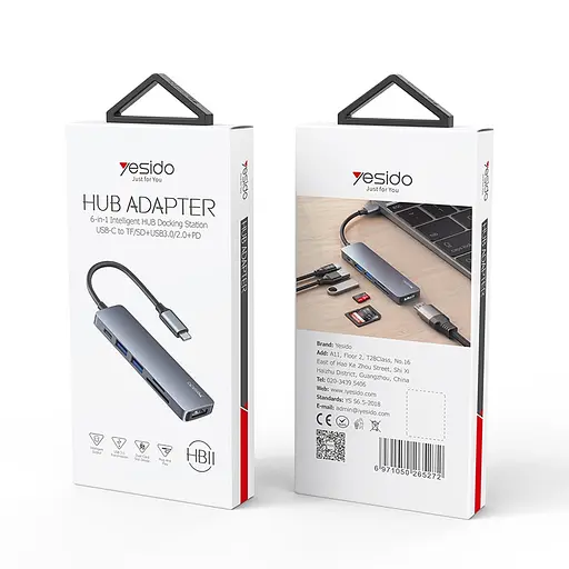 Перехідник Hub Yesido HB11 6 в 1 USB-C to TF/SD + USB 3.0/2.0 + PD - фото 3