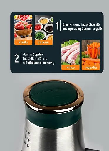 Подрібнювач для кухні, подрібнювач чопер кухонний, блендер для мяса з металічною чашою Bitek 1500 Вт Chopper Зелений - фото 3