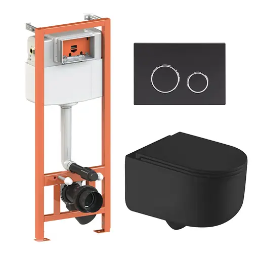 Подвесной унитаз Qtap Taurus Ultra Quiet + инсталляция Qtap Nest 4 в 1 (круглая клавиша Black mat), Черный матовый - фото 1