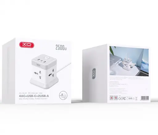 Сетевой удлинитель XO WL20 20W Square 4 розетки + 3 порта (2 USB-A 1 Type-C) кабель 2 метра - фото 2