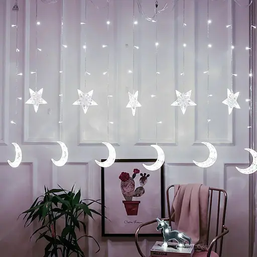 Новорічна світлодіодна гірлянда шторка дощ "Місяць і Зірки" YS-84009 138 LED 2.5 метра (холодний білий), Yu Xin 82707 - фото 1
