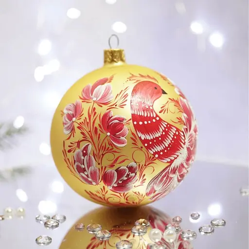 Ялинкова прикраса Санта Шоп Петриківка Червона Пташка на золоті скло (4820001112276) - фото 2