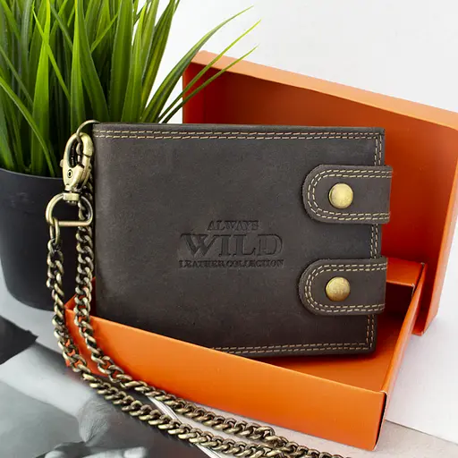 Мужское кожаное портмоне Always Wild 2900-BIC коричневое на кнопках с цепочкой - фото 10