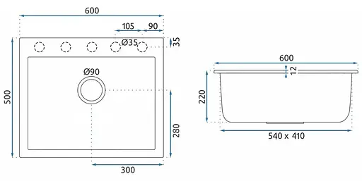 Гранітна кухонна мийка Rea West XL black matt ZLE-00136, Чорний матовий - фото 6